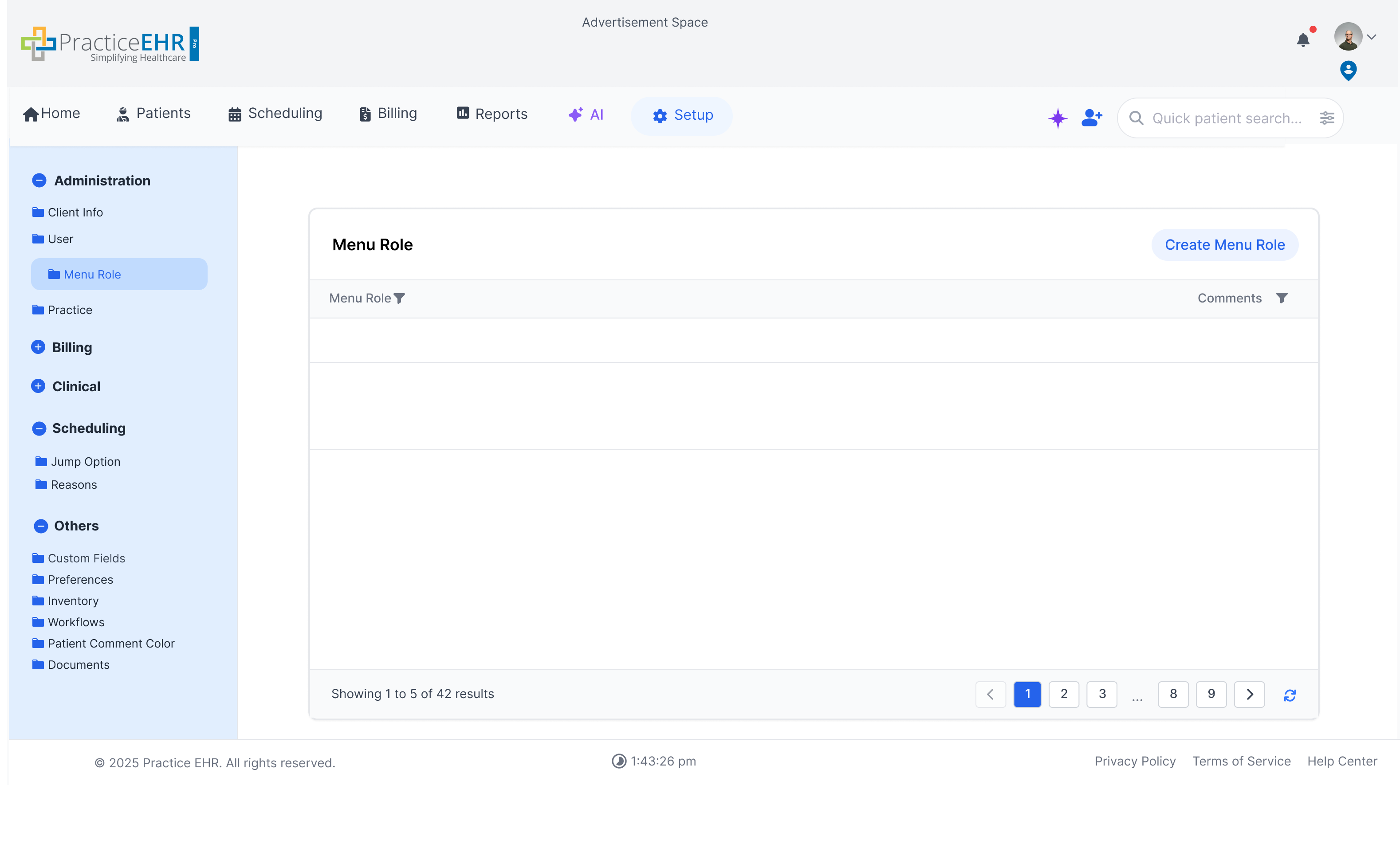 Menu Role overview screen
